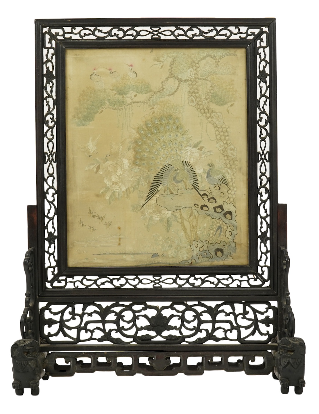 A Chinese ’Hundred bird’ embroidered silk table screen and hongmu stand, late 19th/early 20th century